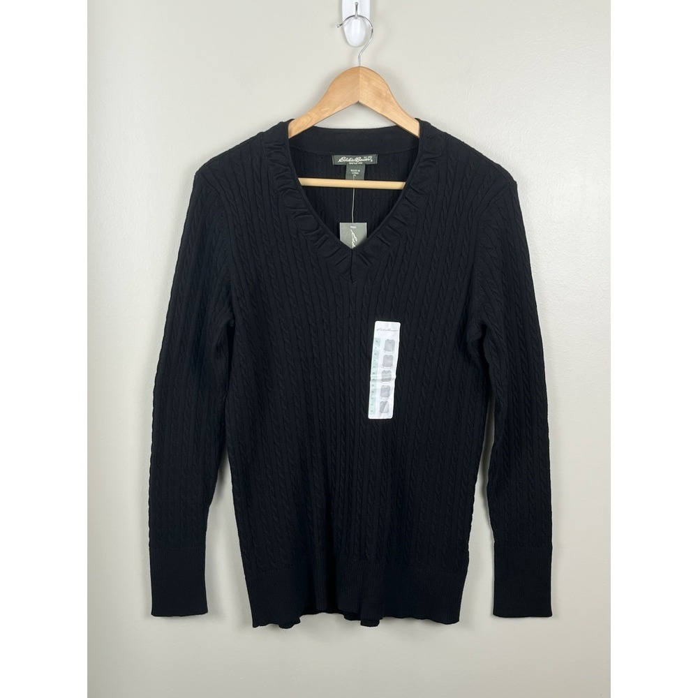 Eddie Bauer NWT Women's XL Long Sleeve Cable Knit Sweater Top Black #SU4248